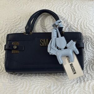 NWT Steve Madden Navy Blue Satchel with Light Blue Horse Charm & Tassel